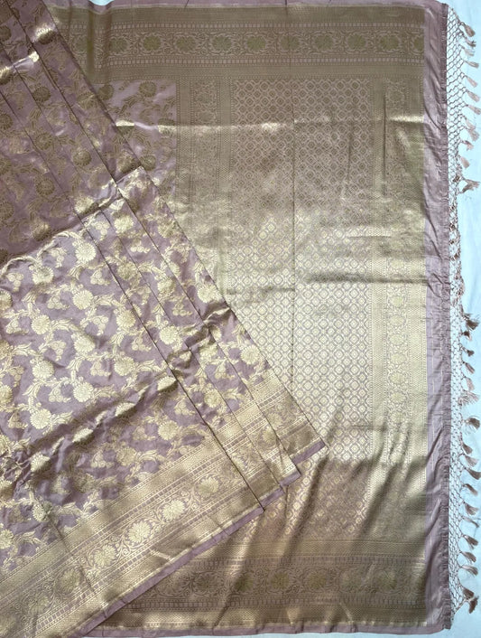 Light Onion Pink Banaras Katan Silk Saree with Rich Zari Border and Floral Design b0080ds