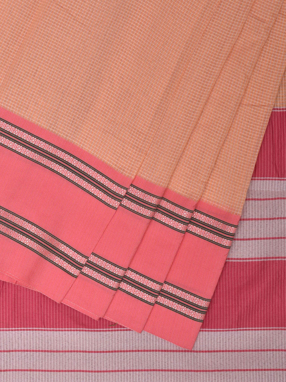 Light Orange and Baby Pink Bamboo Cotton Saree with Small Checks Design No Blouse bc0293