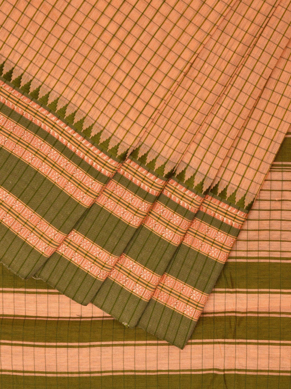 Light Orange and Green Bamboo Cotton Saree with Checks Design No Blouse bc0604