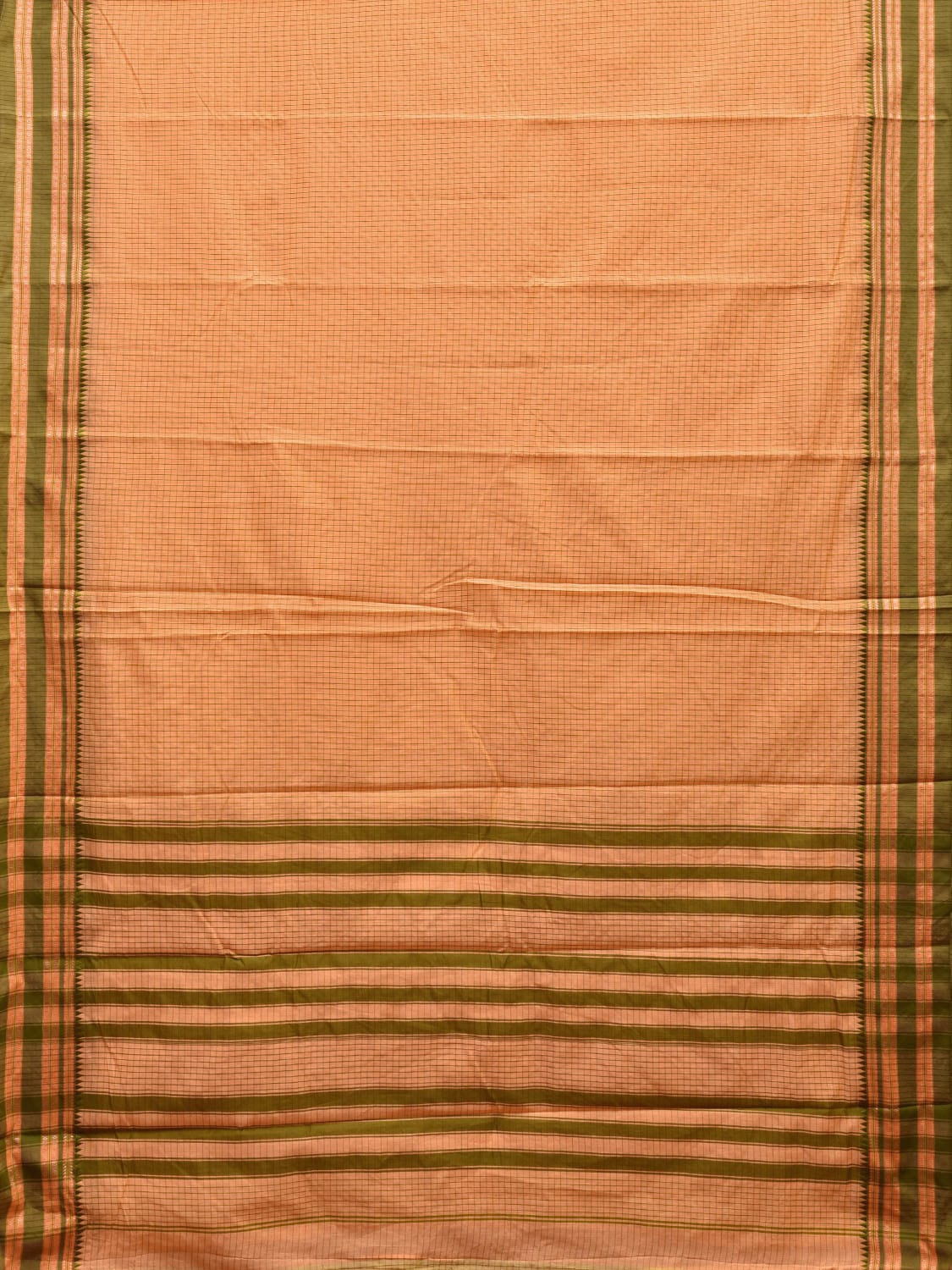 Light Orange and Green Bamboo Cotton Saree with Checks Design No Blouse bc0604