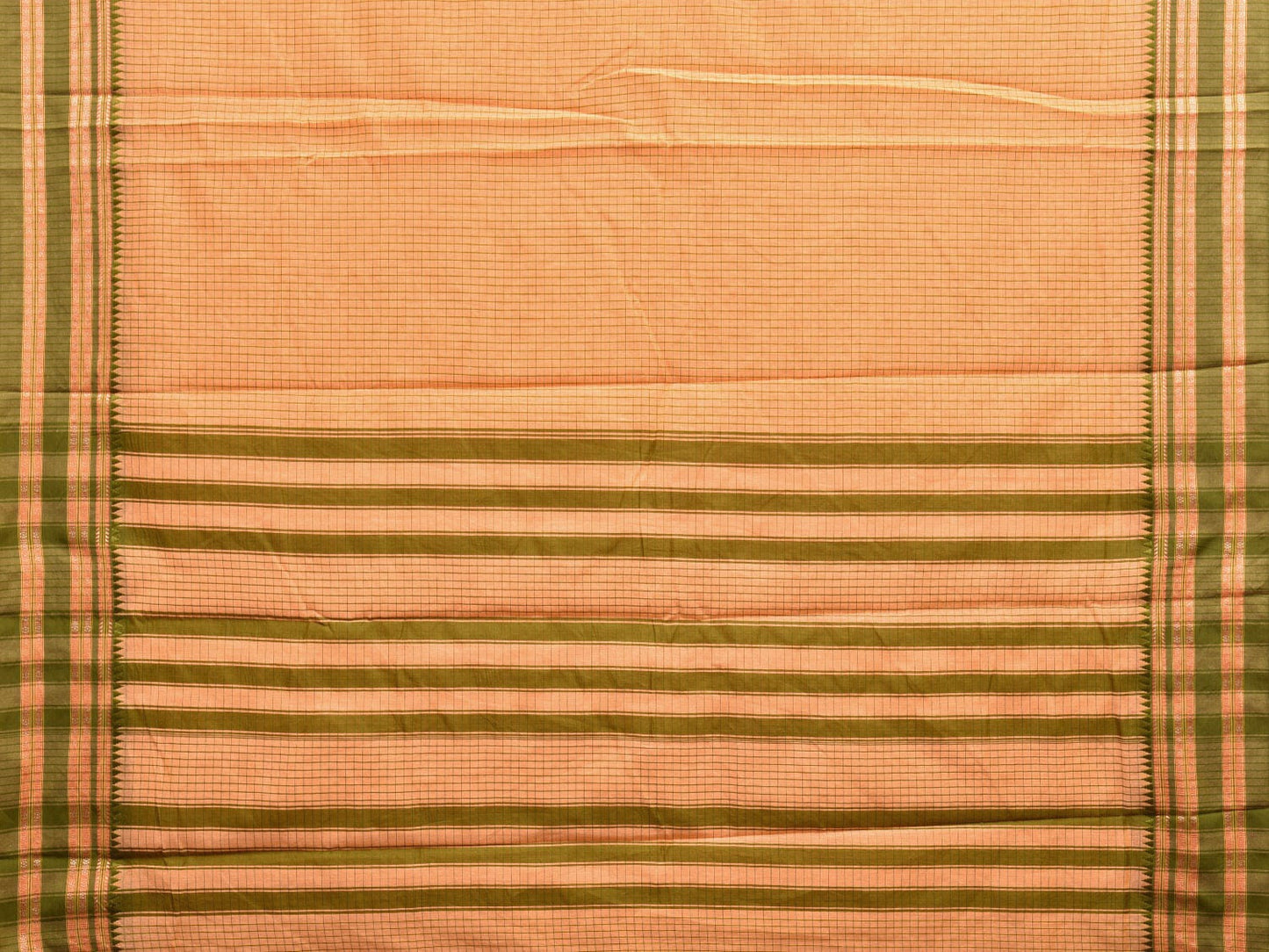 Light Orange and Green Bamboo Cotton Saree with Checks Design No Blouse bc0604