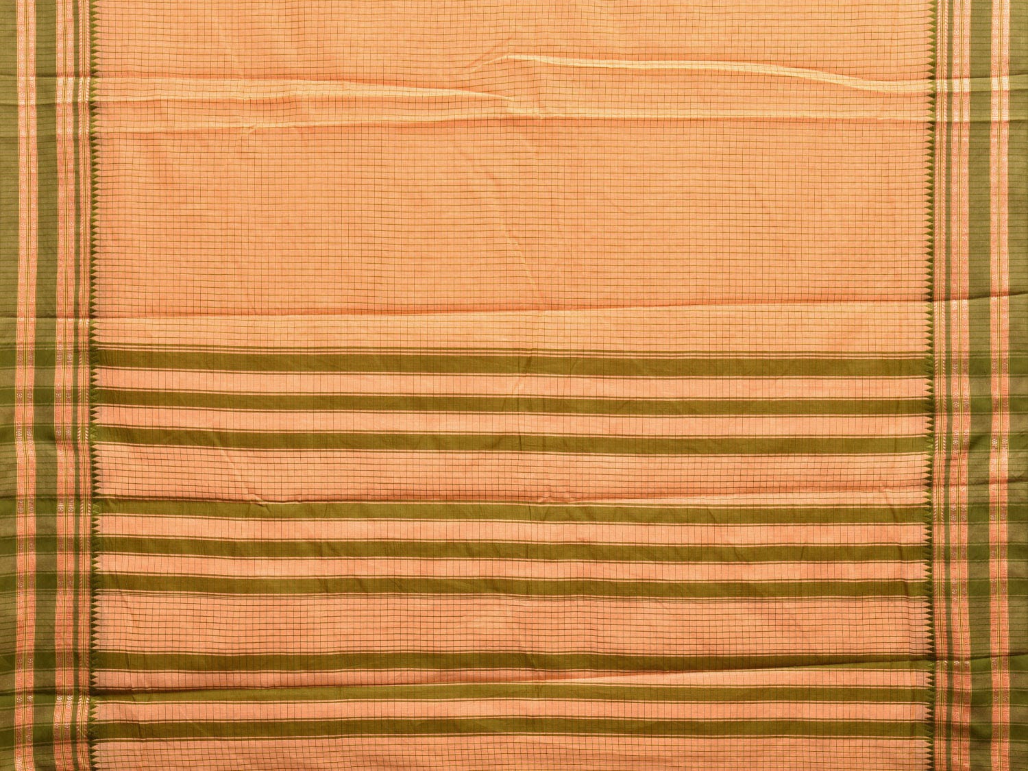 Light Orange and Green Bamboo Cotton Saree with Checks Design No Blouse bc0604