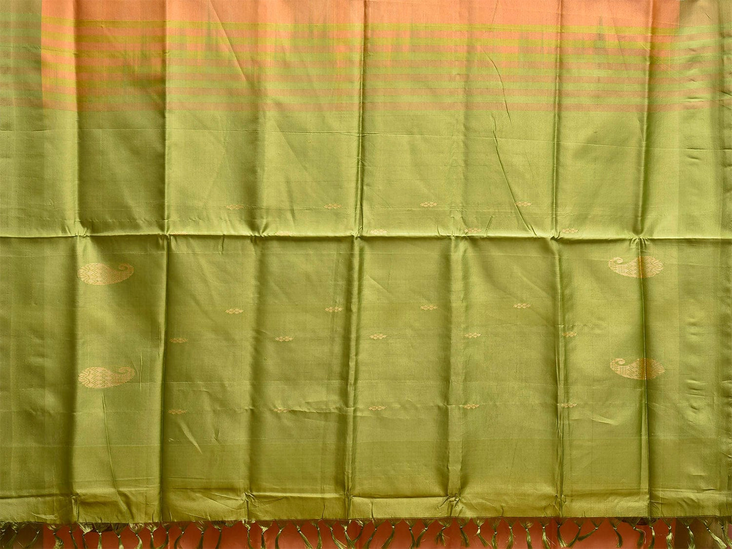 Light Orange and Light Green Banana Silk Saree with Pasley Border Buta Design o0681