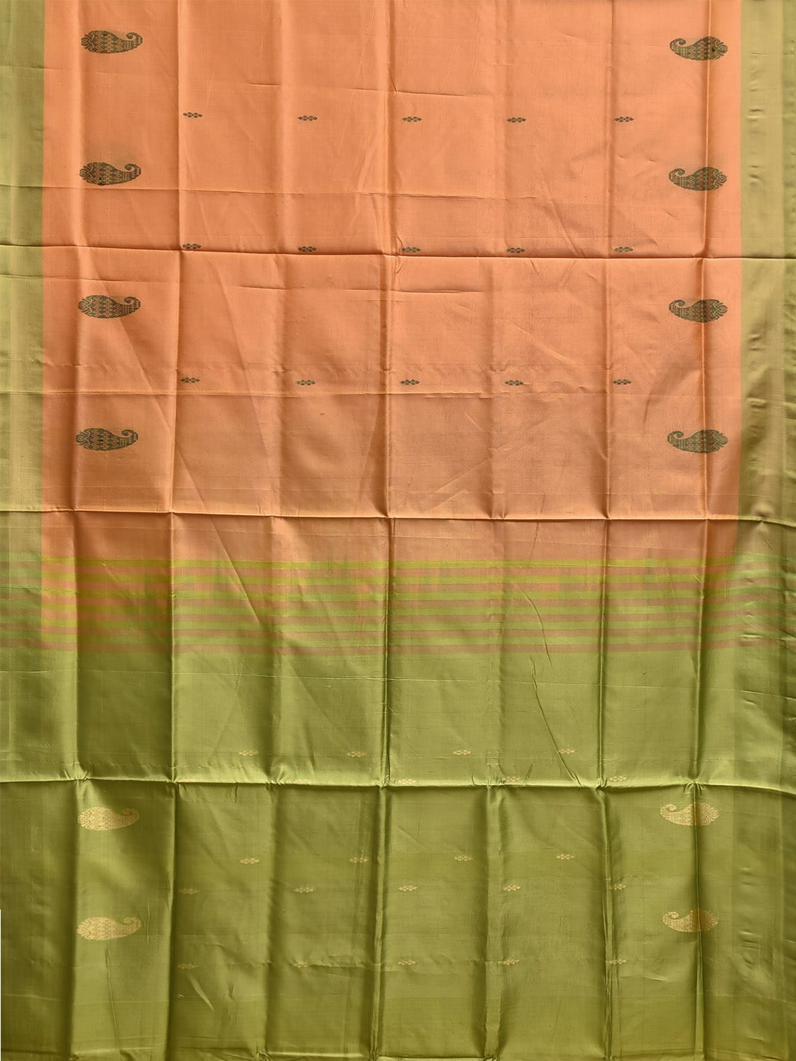 Light Orange and Light Green Banana Silk Saree with Pasley Border Buta Design o0681