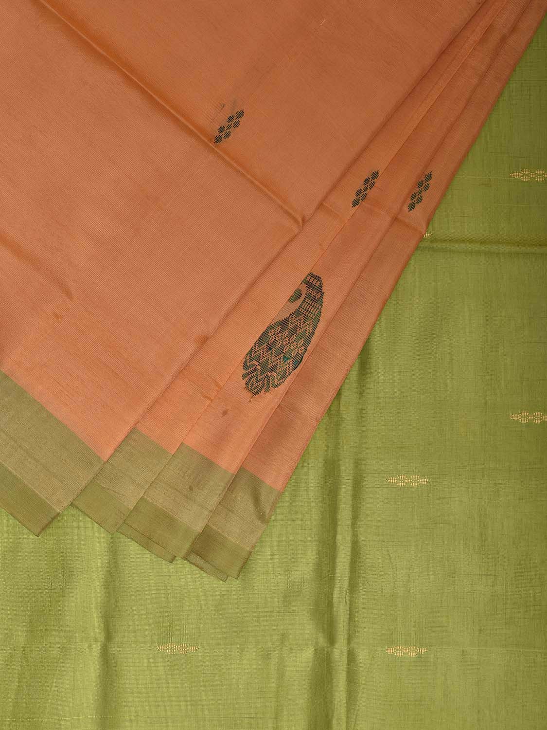 Light Orange and Light Green Banana Silk Saree with Pasley Border Buta Design o0681