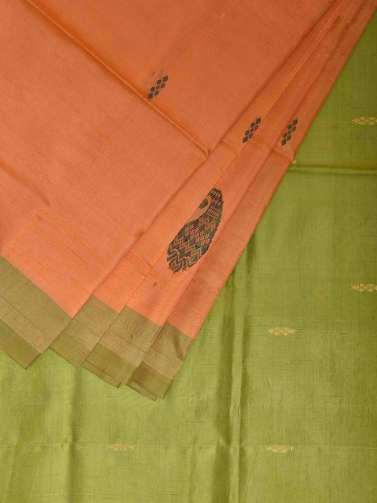 Light Orange and Light Green Banana Silk Saree with Pasley Border Buta Design o0681