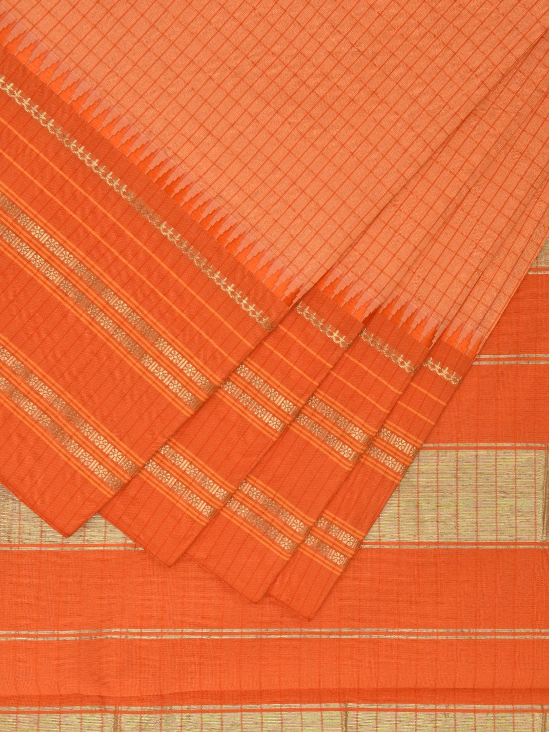 Light Orange and Orange Bamboo Cotton Viscose Silk Saree with Checks Design No Blouse bc0365