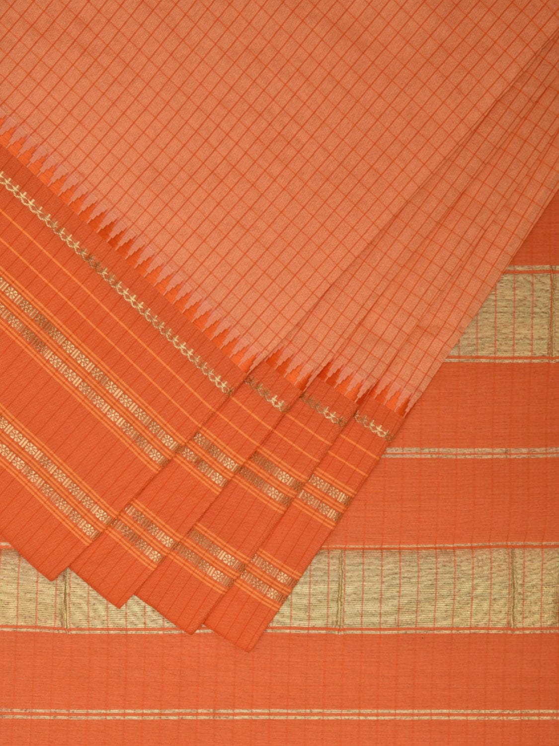 Light Orange and Orange Bamboo Cotton Viscose Silk Saree with Checks Design No Blouse bc0374
