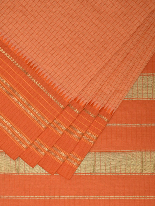 Light Orange and Orange Bamboo Cotton Viscose Silk Saree with Checks Design No Blouse bc0374