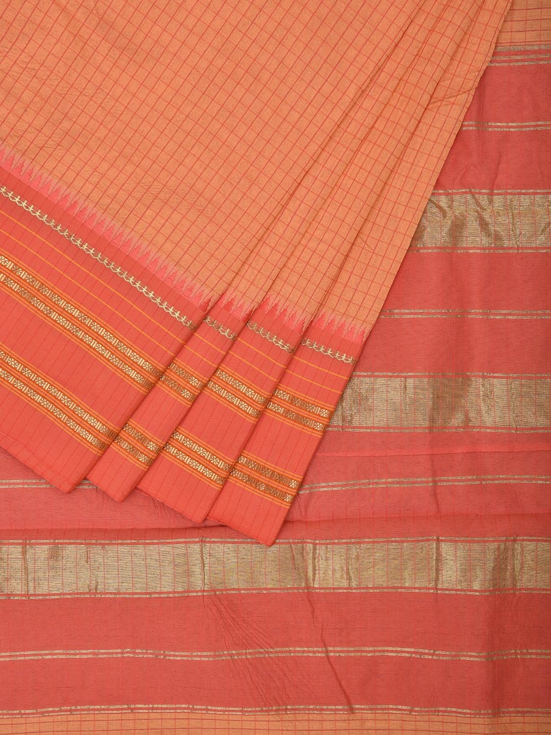 Light Orange and Peach Bamboo Cotton Viscose Silk Saree with Checks and Contrast Pallu Design No Blouse bc0573