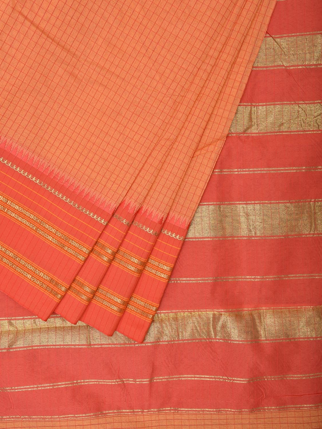 Light Orange and Peach Bamboo Cotton Viscose Silk Saree with Checks and Contrast Pallu Design No Blouse bc0579