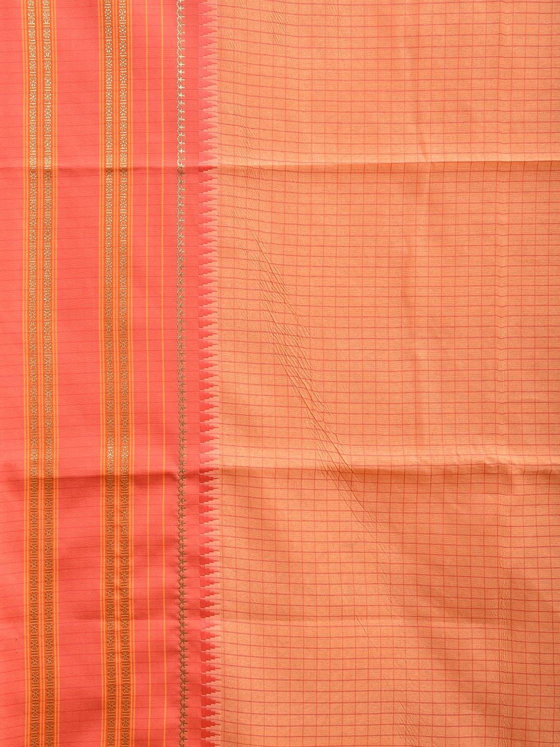 Light Orange and Peach Bamboo Cotton Viscose Silk Saree with Checks and Contrast Pallu Design No Blouse bc0579