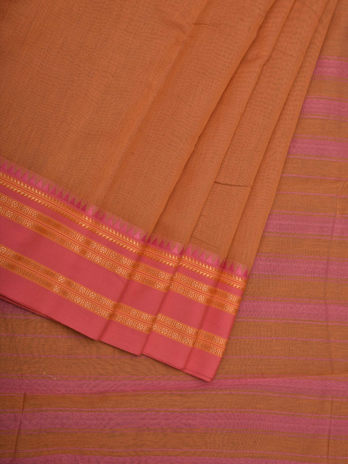 Light Orange and Pink Bamboo Cotton Plain Saree with Border Design bc0065