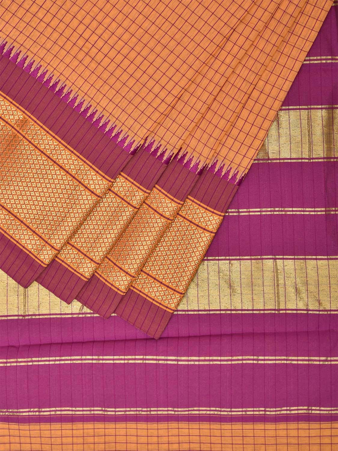 Light Orange and Pink Bamboo Cotton Saree with Checks Design No Blouse bc0610