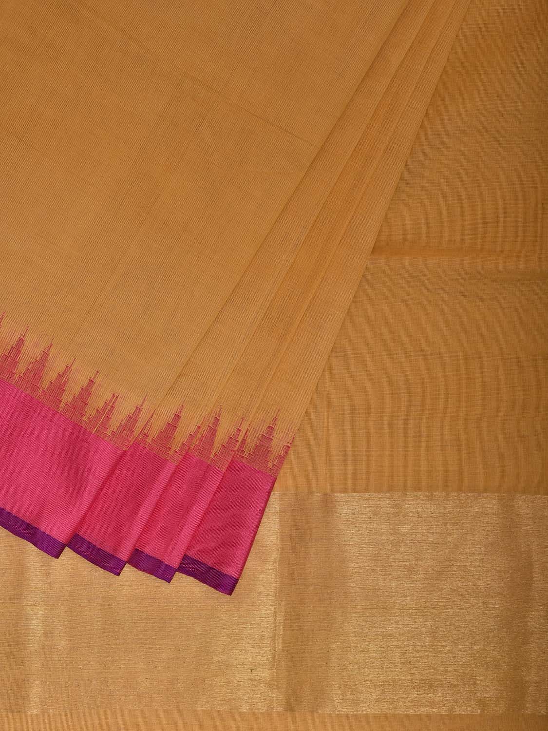 Light Orange and Pink Khadi Cotton Handloom Plain Saree with Temple Border Design kh0704