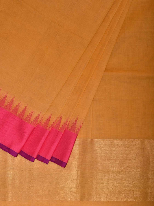 Light Orange and Pink Khadi Cotton Handloom Plain Saree with Temple Border Design kh0704