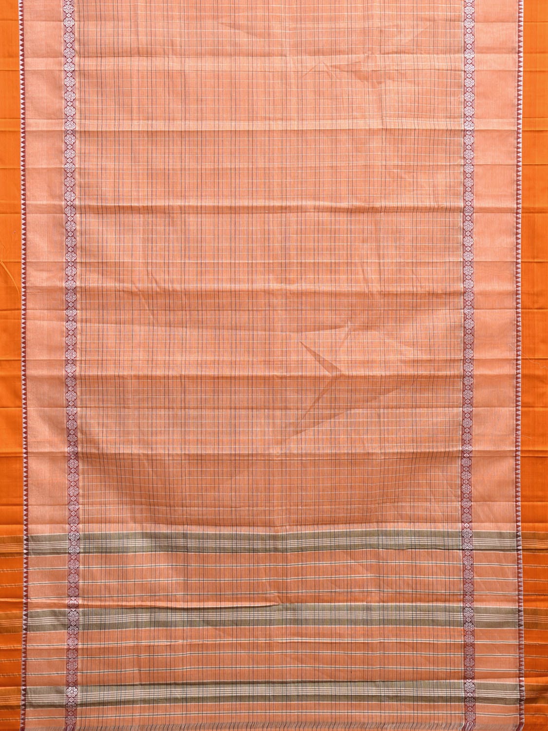 Light Orange and Yellow Narayanpet Cotton Handloom Saree with Strips Design Kalamkari Blouse np1121