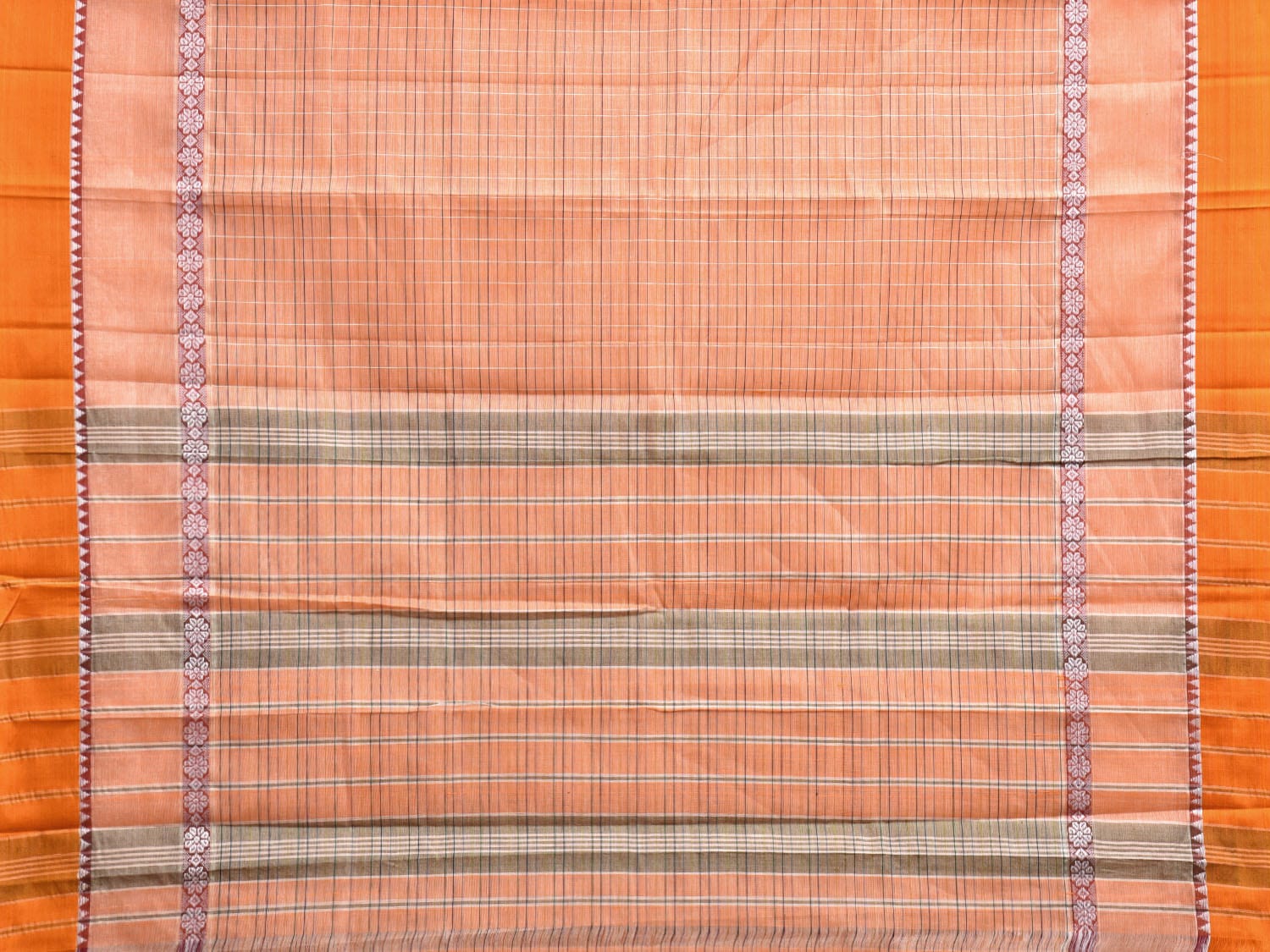Light Orange and Yellow Narayanpet Cotton Handloom Saree with Strips Design Kalamkari Blouse np1121