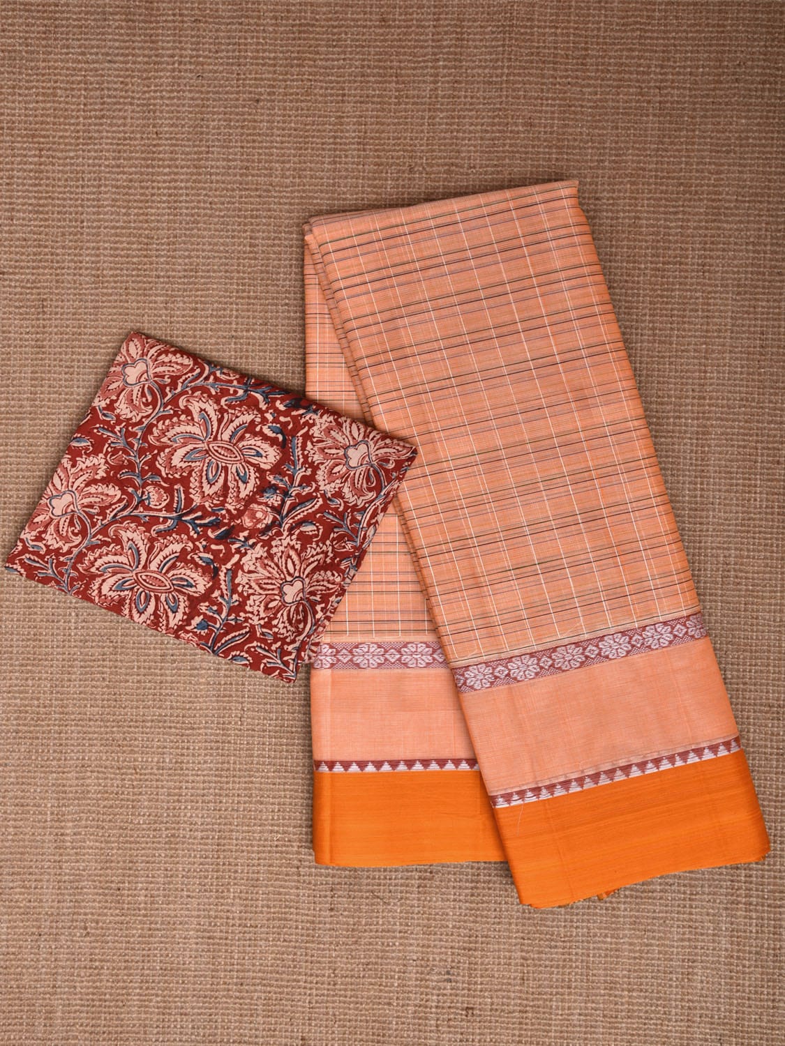 Light Orange and Yellow Narayanpet Cotton Handloom Saree with Strips Design Kalamkari Blouse np1121