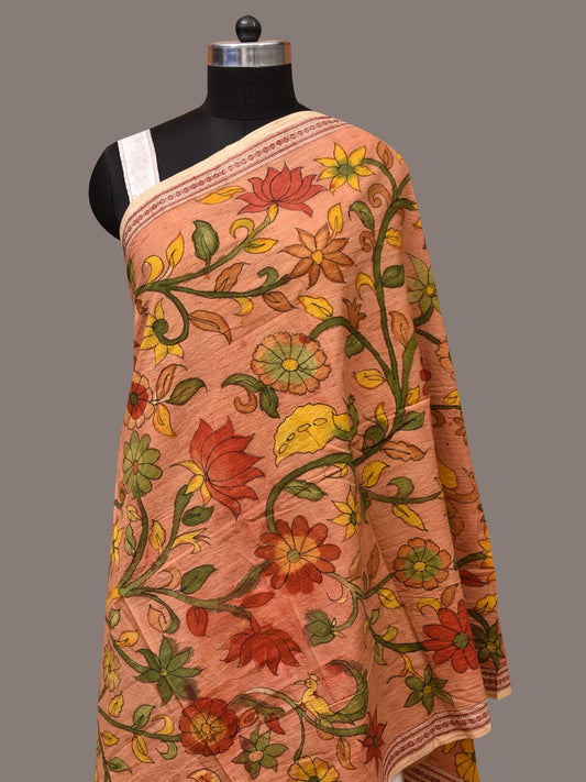 Light Orange Kalamkari Hand Painted Cotton Handloom Dupatta with Lotus and Doby Border Design ds3458