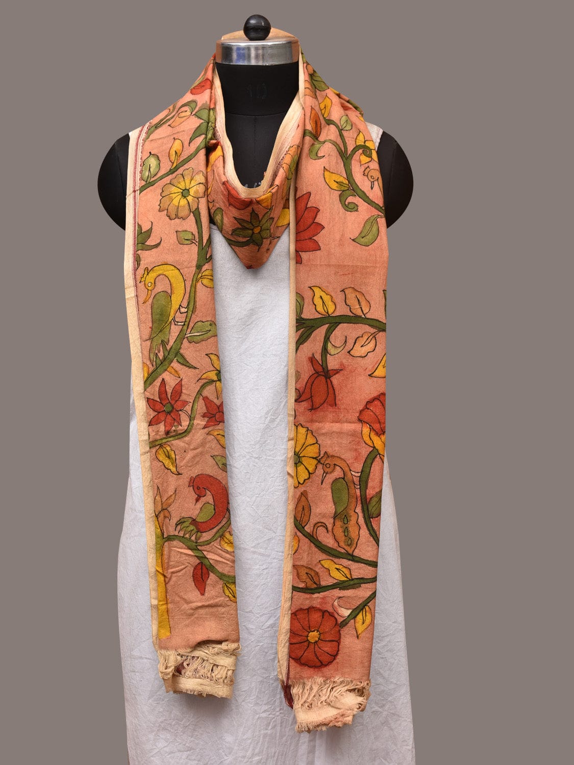 Light Orange Kalamkari Hand Painted Cotton Handloom Dupatta with Lotus and Doby Border Design ds3458