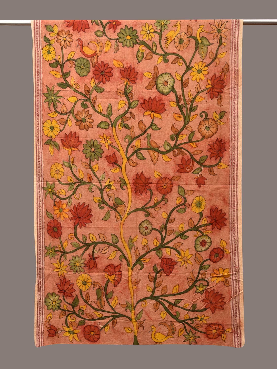Light Orange Kalamkari Hand Painted Cotton Handloom Dupatta with Lotus and Doby Border Design ds3458