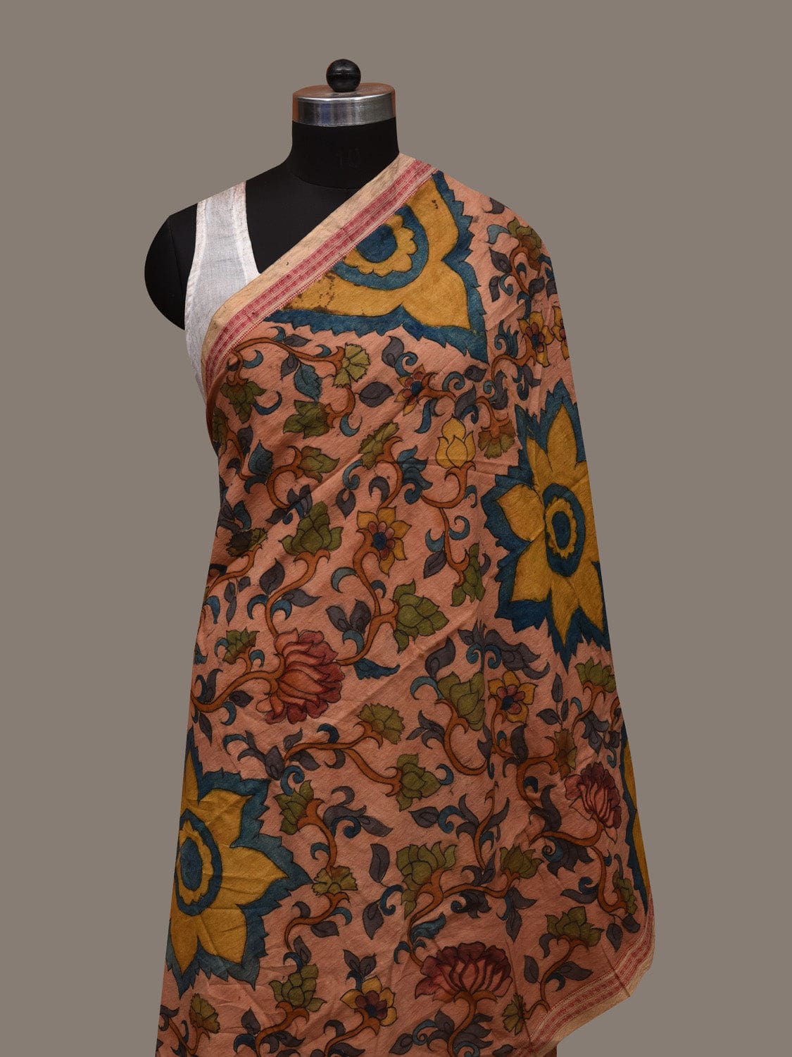 Light Orange Kalamkari Hand Painted Cotton Handloom Dupatta with Lotus Flowers Design ds2990