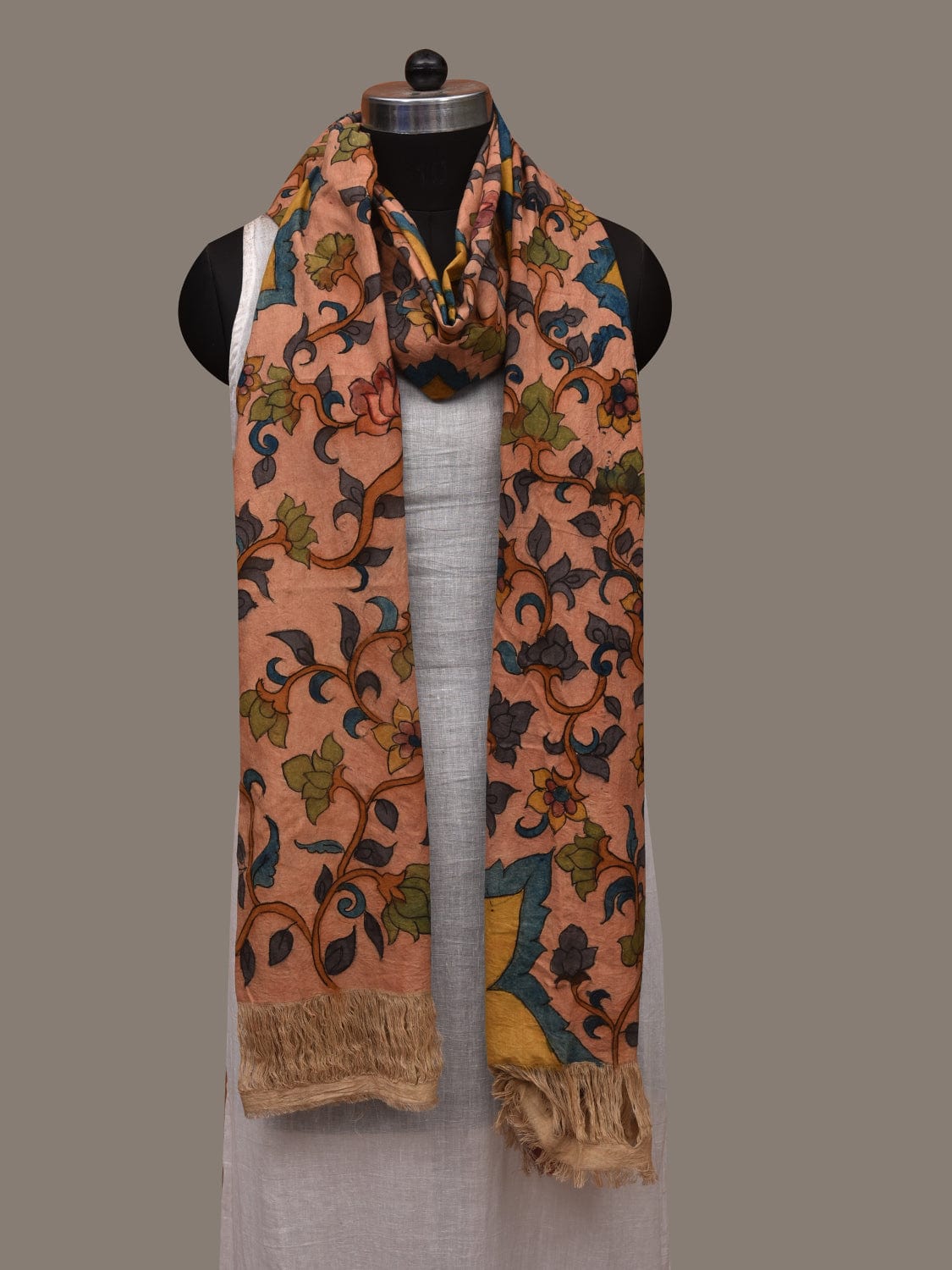 Light Orange Kalamkari Hand Painted Cotton Handloom Dupatta with Lotus Flowers Design ds2990