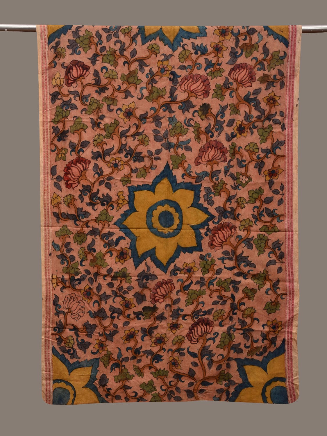 Light Orange Kalamkari Hand Painted Cotton Handloom Dupatta with Lotus Flowers Design ds2990
