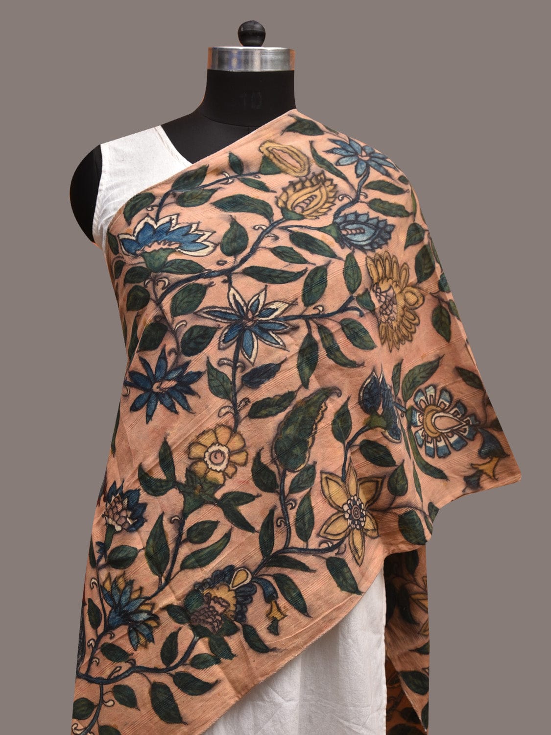 Light Orange Kalamkari Hand Painted Cotton Handloom Stole with Floral and Peacock Design ds3588