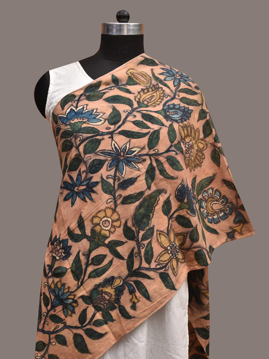 Light Orange Kalamkari Hand Painted Cotton Handloom Stole with Floral and Peacock Design ds3588