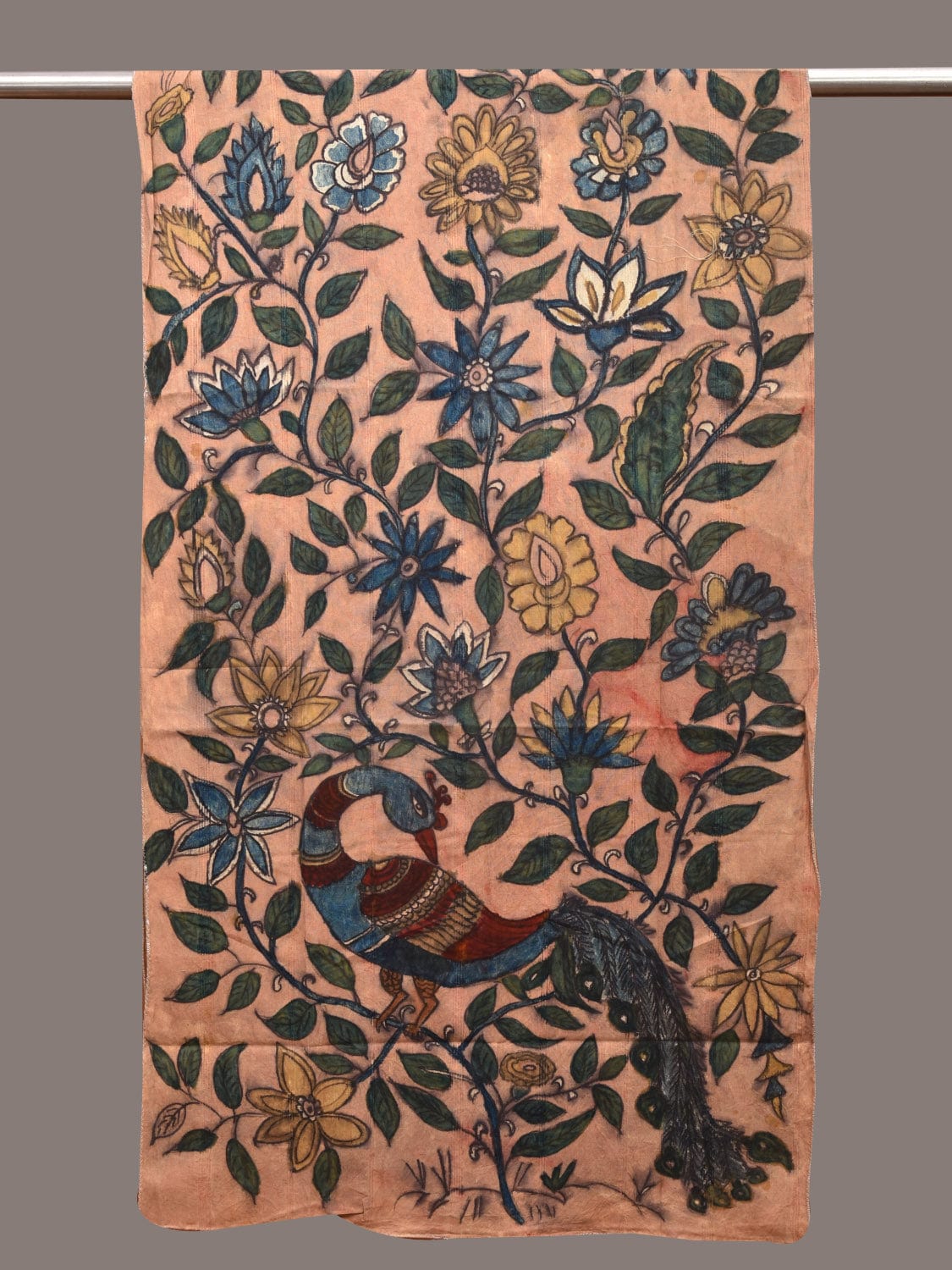 Light Orange Kalamkari Hand Painted Cotton Handloom Stole with Floral and Peacock Design ds3588