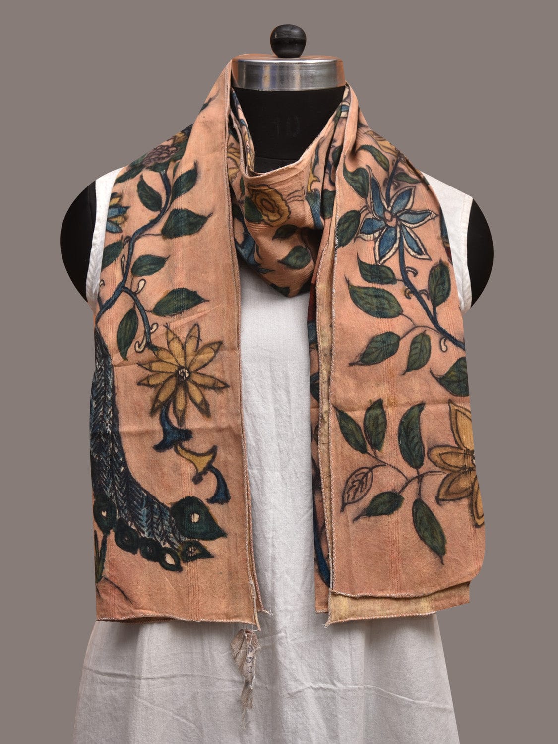 Light Orange Kalamkari Hand Painted Cotton Handloom Stole with Floral and Peacock Design ds3588