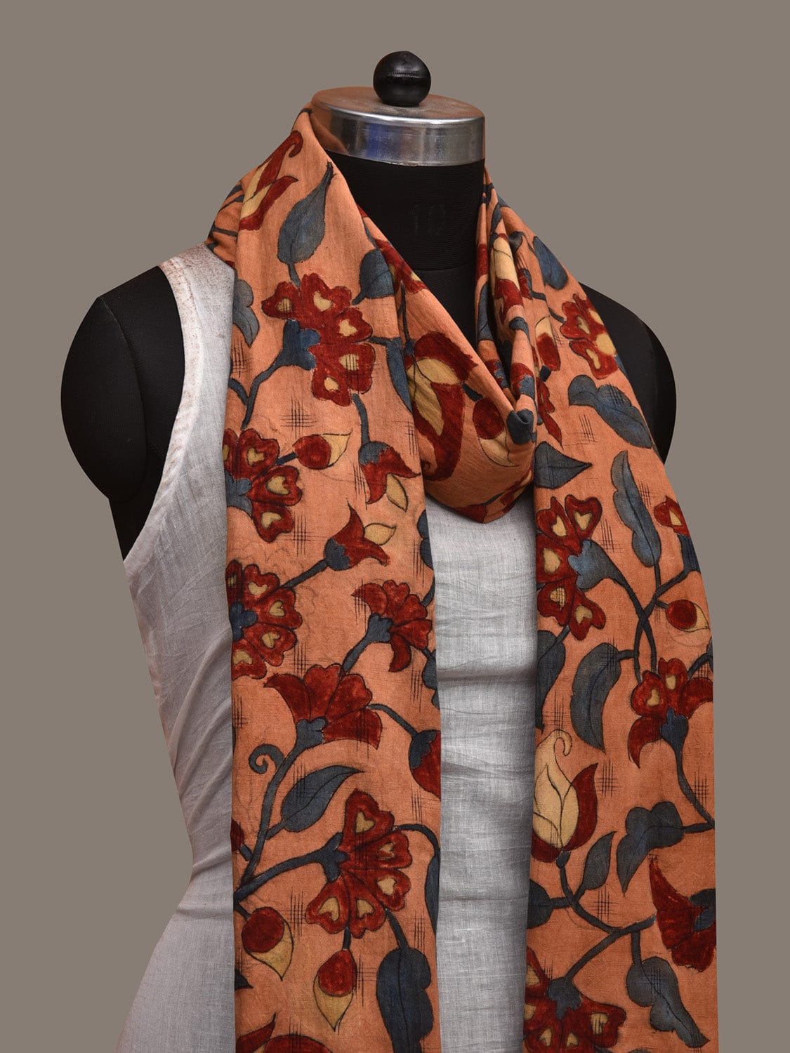 Light Orange Kalamkari Hand Painted Cotton Handloom Stole with Floral Design ds2997