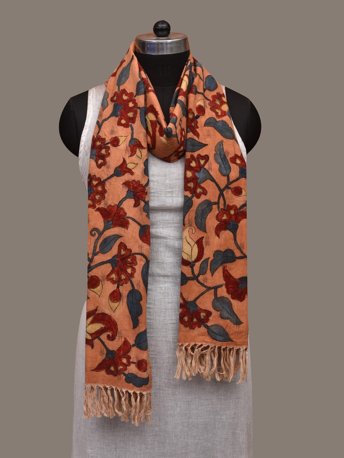 Light Orange Kalamkari Hand Painted Cotton Handloom Stole with Floral Design ds2997