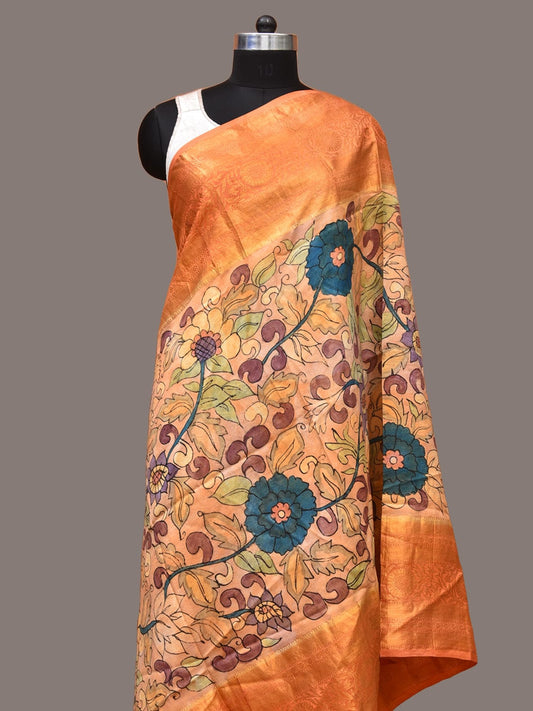 Light Orange Kalamkari Hand Painted Kanchipuram Silk Handloom Dupatta with Floral Design ds3324