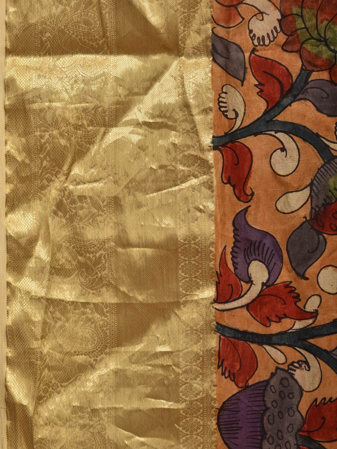 Light Orange Kalamkari Hand Painted Kanchipuram Silk Handloom Saree with Lotus Flowers Design KL0669