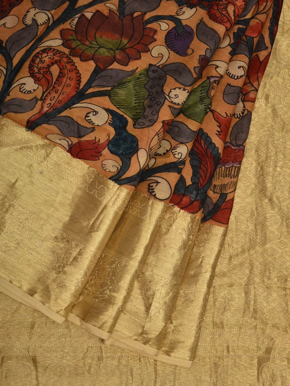 Light Orange Kalamkari Hand Painted Kanchipuram Silk Handloom Saree with Lotus Flowers Design KL0669