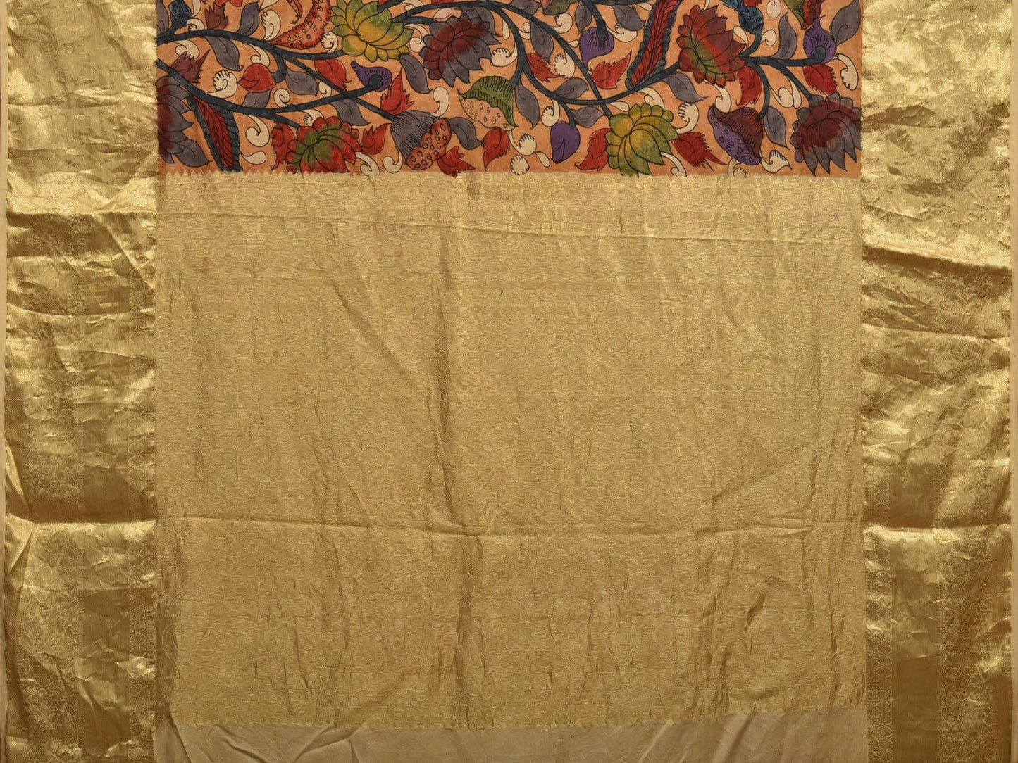 Light Orange Kalamkari Hand Painted Kanchipuram Silk Handloom Saree with Lotus Flowers Design KL0669