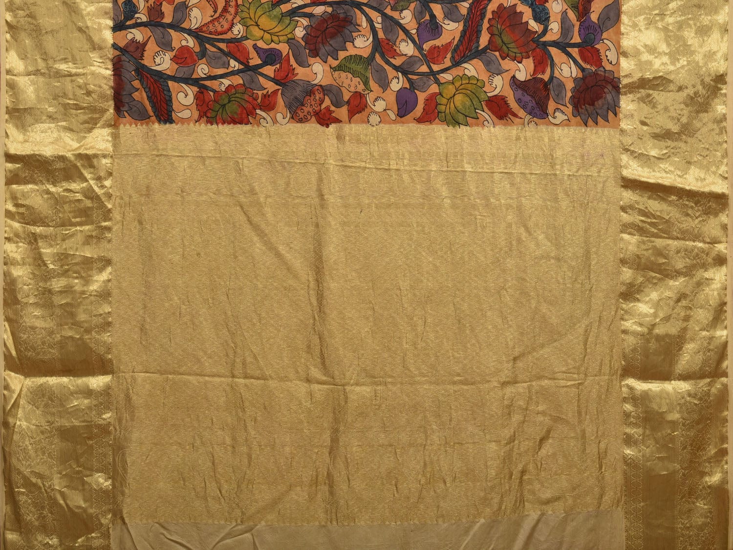 Light Orange Kalamkari Hand Painted Kanchipuram Silk Handloom Saree with Lotus Flowers Design KL0669