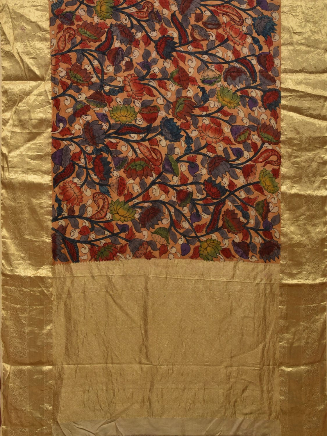 Light Orange Kalamkari Hand Painted Kanchipuram Silk Handloom Saree with Lotus Flowers Design KL0669