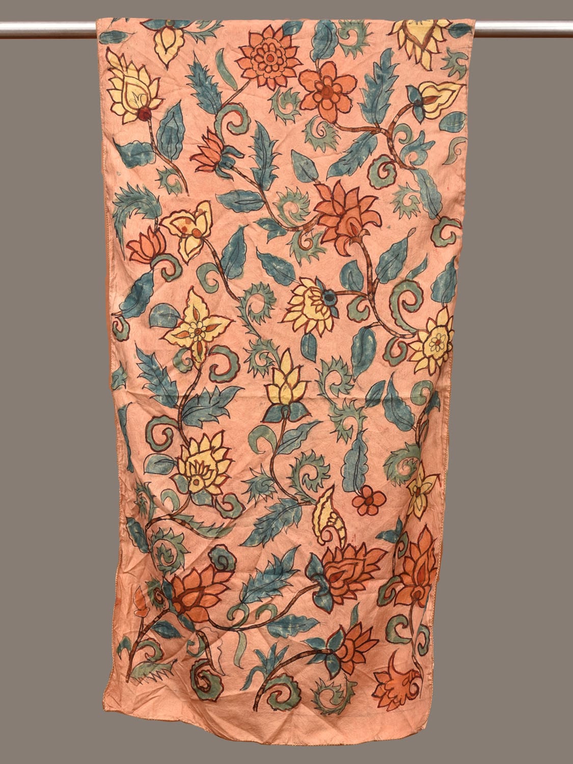 Light Orange Kalamkari Hand Painted Sico Stole with Floral Design ds3227