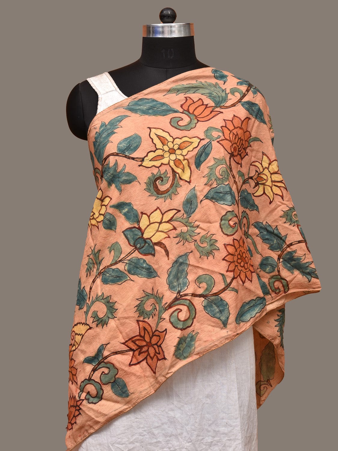 Light Orange Kalamkari Hand Painted Sico Stole with Floral Design ds3227