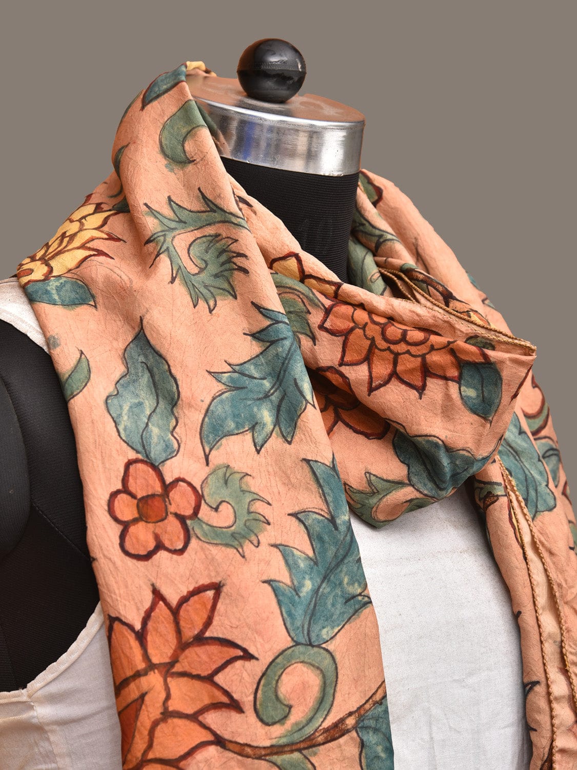 Light Orange Kalamkari Hand Painted Sico Stole with Floral Design ds3227