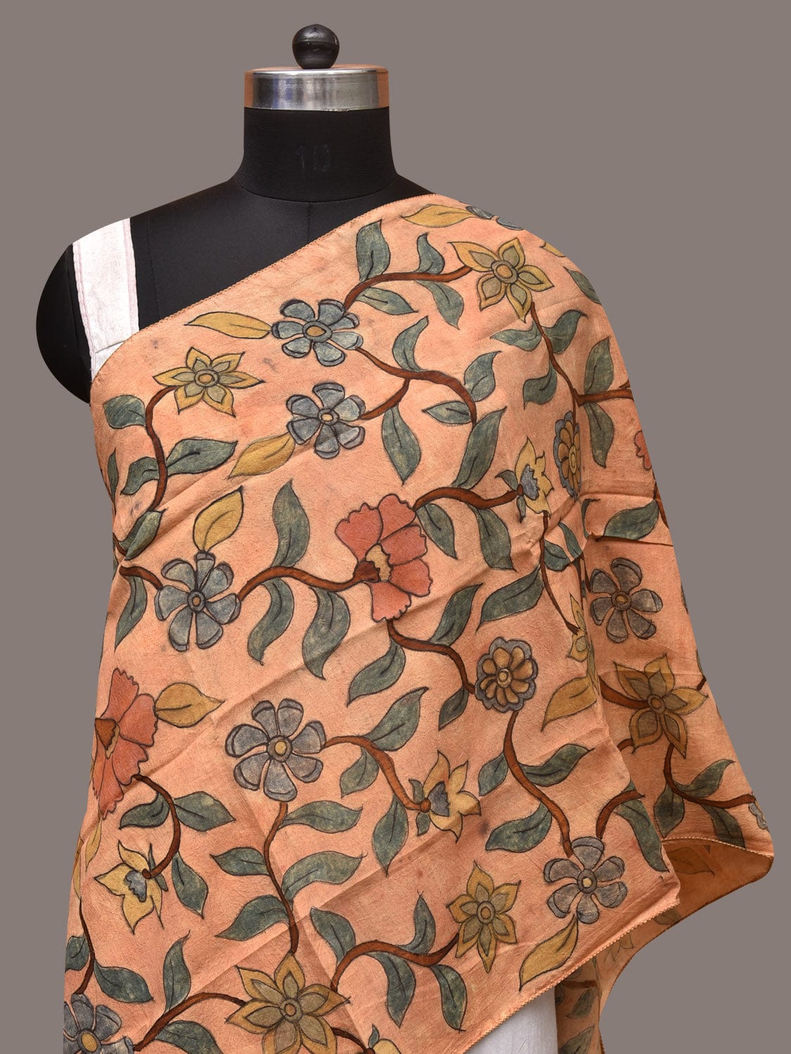 Light Orange Kalamkari Hand Painted Sico Stole with Floral Design ds3408