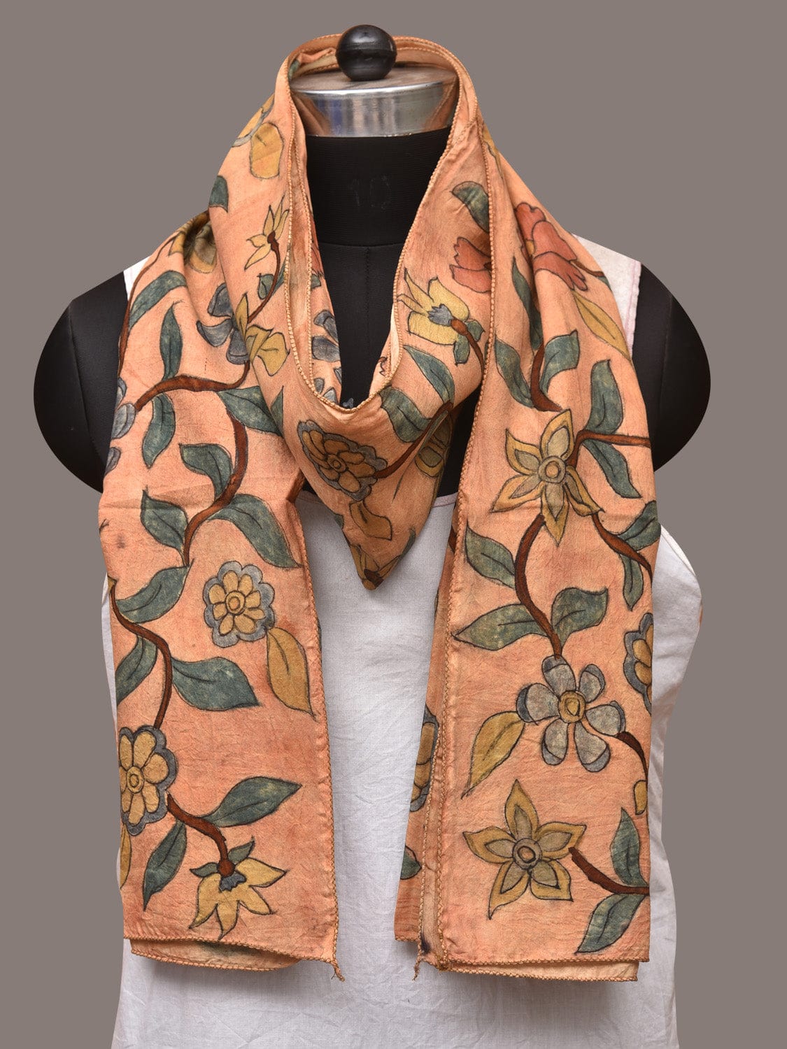 Light Orange Kalamkari Hand Painted Sico Stole with Floral Design ds3408