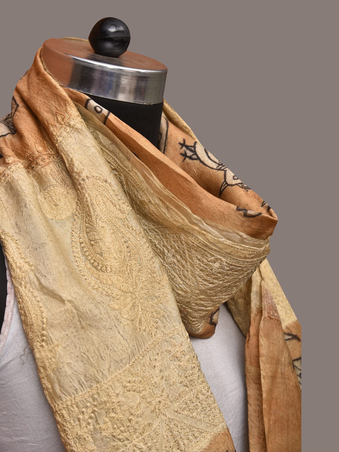 Light Orange Kalamkari Hand Painted Tussar Handloom Stole with Birds, Fishes and Embroidery Design ds3548