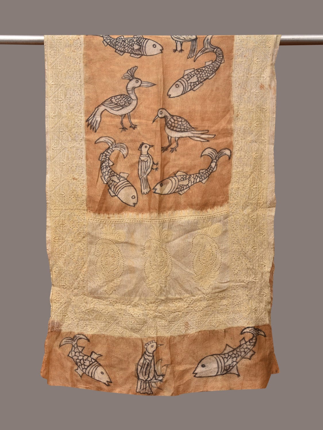 Light Orange Kalamkari Hand Painted Tussar Handloom Stole with Birds, Fishes and Embroidery Design ds3548