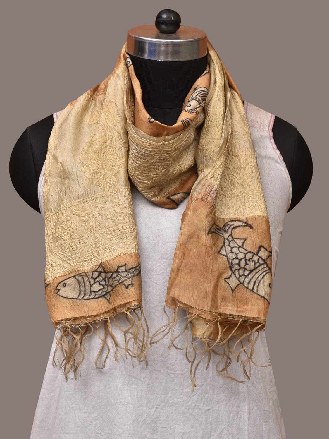 Light Orange Kalamkari Hand Painted Tussar Handloom Stole with Birds, Fishes and Embroidery Design ds3548