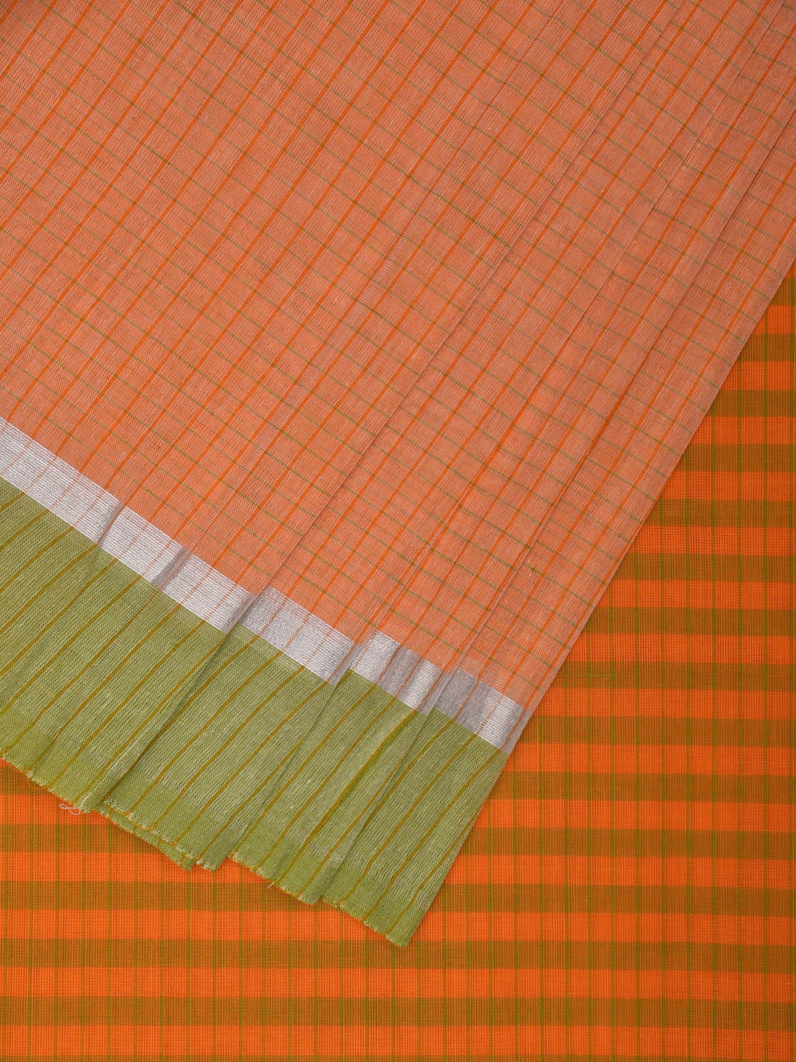 Light Orange Kanchipuram Cotton Handloom Saree with Big Check Design k0566